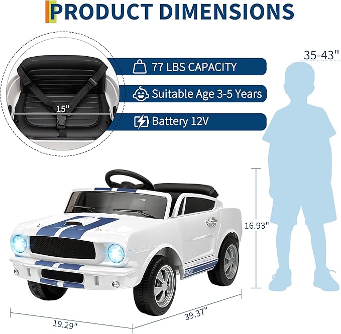 12V Ride on Car for Kids, Licensed Shelby GT350 Electric Toy with Parent Remote Control, 3 Speeds, LED Headlights, Music & Safety Belt for Toddlers