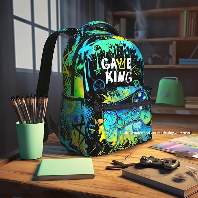 Nebcog School Backpack for Boys Splash Gamer Boys Backpack for Kids Children Elementary Middle School Video Game Bookbag Backpacks for 6-18 Waterproof Lightweight 17 Inches Travel Back Pack