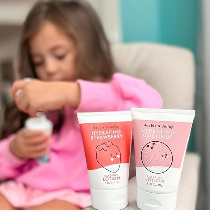 Dabble & Dollop Strawberry Lotion, Layering Lotion, Hydrating Scented Lotions for Kids, All-Natural, Dermatologist Tested, Vegan & Cruelty-Free (3.4oz, Pack of 2)