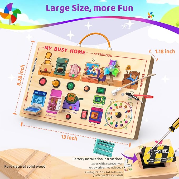 My Busy Home Montessori Busy Board for Toddlers 1-3 - Wooden Sensory Activity Board with Kitchen Appliances, Switches, Clock | Educational Fine Motor Skill Toy for 1+ Year Old Boys Girls