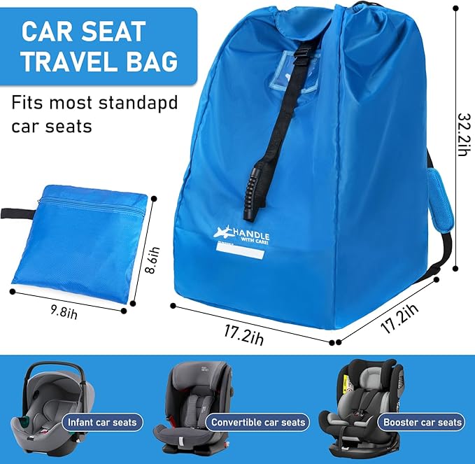 LASUK Car Seat Travel Bag for Airplane, Large Waterproof Car Seat Bags Fits Most Infant Car Seats, Convertible Car Seats, Booster Seats, Car Seat Bases, Adjustable Shoulder Strap, Blue