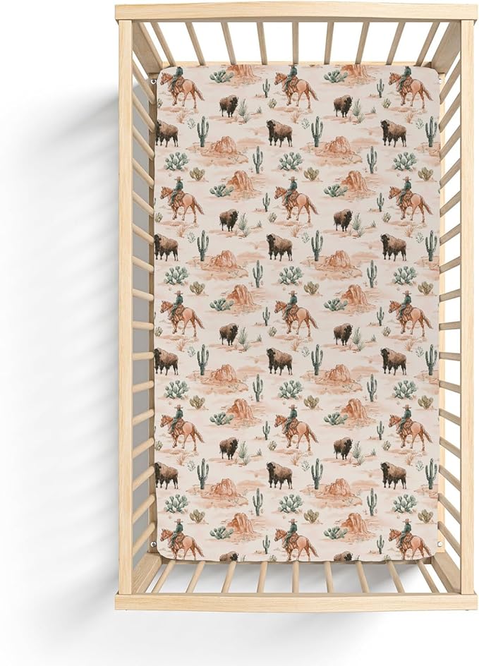 Vintage Cowboy Buffalo Baby Crib Sheets for Boy Girl 52x28Inch Retro Bison Cactus Soft Stretchy Fitted Crib Mattress Cover Western Desert Baby Sheet for Standard Crib and Toddler Bed Mattress