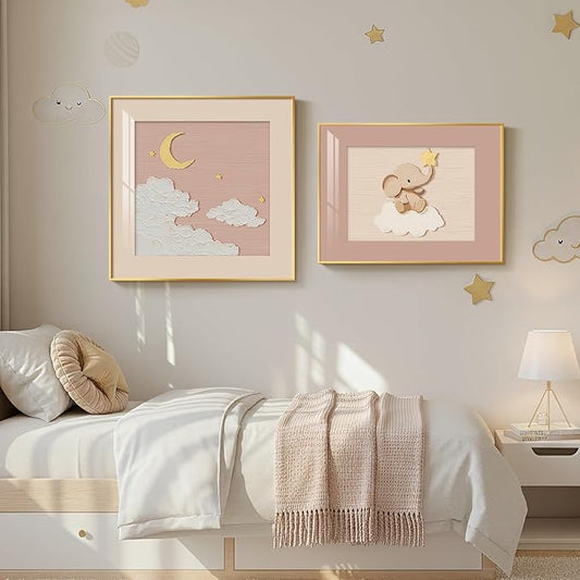 Framed Nursery Wall Art Set of 2, Cute Pink Elephant & Moon Artwork for Kids Room Walls Decor, Soft Neutral Baby Wall Pictures Prints for Bedroom Playroom Nursery Wall Decor, 24x24 & 24x18 Inch