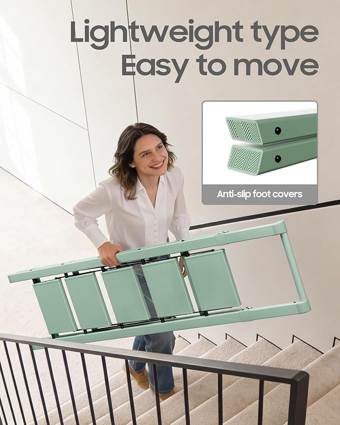 HillhutApex 5 Step Foldable Aluminum Step Ladder with Handgrip, Anti-Slip Pedal, 330 lbs Capacity, Lightweight & Portable for Home, Kitchen, Office, Garage (Pale Green)