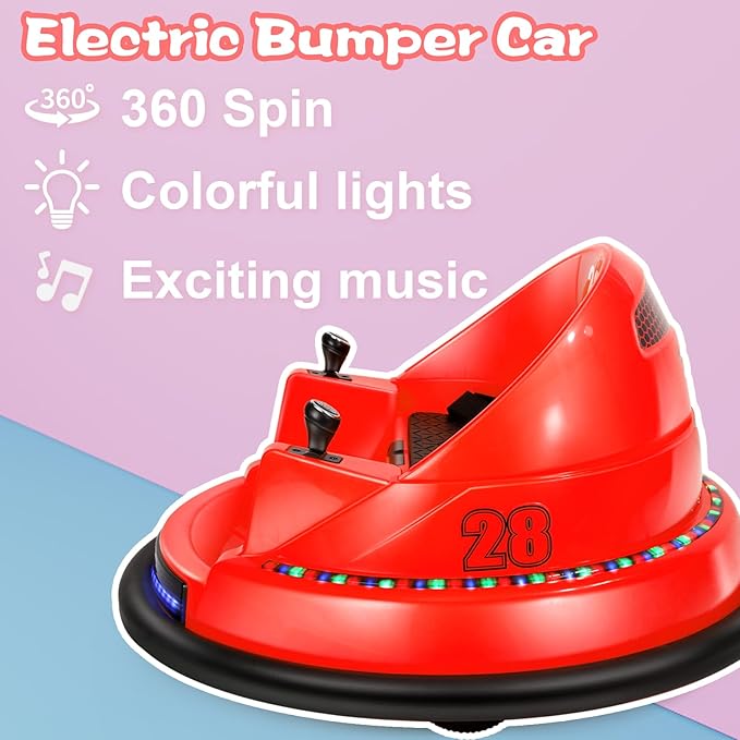 Edostory Electric Ride On Bumper Car Kids 12V 3-Speeds for Toddlers, 1.5-8 Years Old Baby Bumping Toy Cars, DIY Sticker Baby Toy Gifts, Remote Control, Bluetooth, 360 Spin ASTM-Certified Red