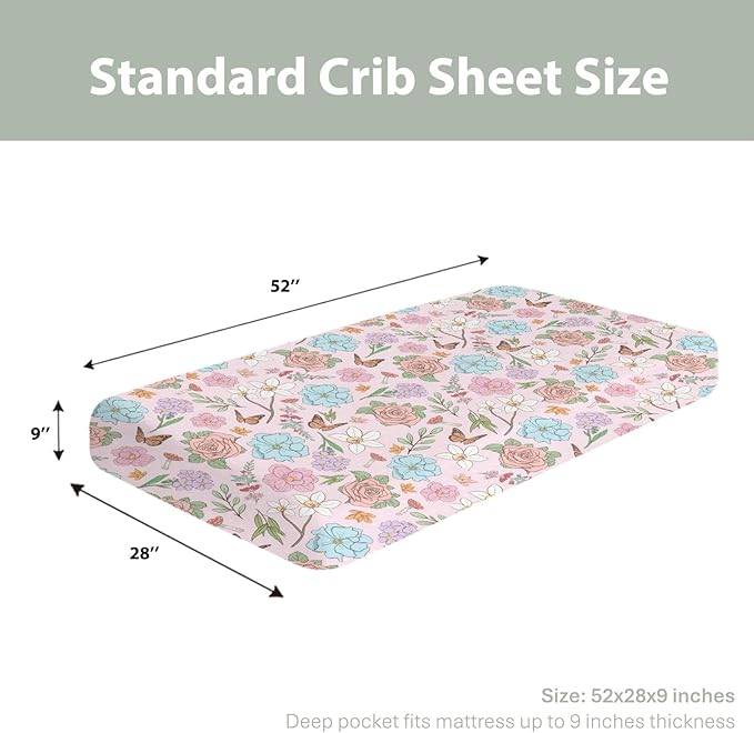 Vintage Wildflowers Baby Crib Sheets for Boy Girl 28"x52" Pink Floral Leaves Mushroom Butterflies Soft Snug Fitted Crib Mattress Cover Spring Garden Baby Sheet for Standard Crib and Toddler Mattress