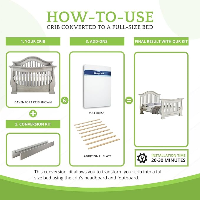 Full-Size Conversion Kit Bed Rails for Baby Appleseed and Eco-Chic Convertible Cribs - Solid Wood Rail - Toddler & Adult Bed Rail for Full-Size Beds - Nursery & Baby Furniture (Moon Grey, Option 1)