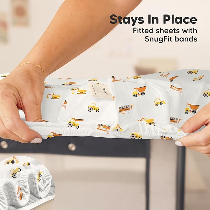 2-Pack Mini Crib Sheets Fitted - 38x26 Pack N Play Sheets for Pack and Play Mattress, Organic Cotton, Soft & Breathable Playard Bedding, Neutral Mini Toddler Bed Cover for Boys, Girls (Construction)