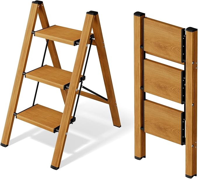 Mayi Plus 3 Step Ladder,Aluminum Folding Step Stool for Adults,Step Ladder with Wide Anti-Slip Pedal,330 lbs Capacity for Home,Office,Kitchen,Library(Woodgrain