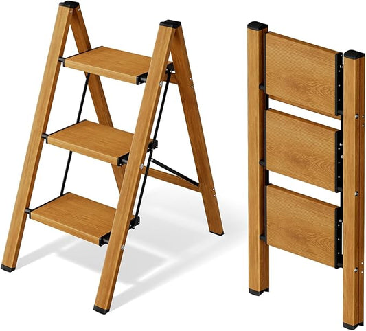 Mayi Plus 3 Step Ladder,Aluminum Folding Step Stool for Adults,Step Ladder with Wide Anti-Slip Pedal,330 lbs Capacity for Home,Office,Kitchen,Library(Woodgrain