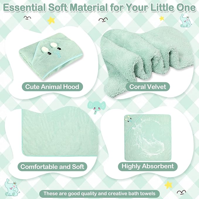 4 PCS Baby Towel Set, Hooded Bath Towel for Infants, Toddlers and Kids, Soft Animal Baby Bath Towels & 3 PCS Washcloths, 32x32 in Hooded Baby Bath Towel for Boy and Girl (Green Elephant)