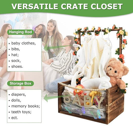 PIIOSER Baby Shower Crate Closet, Multifunctional Wooden & Acrylic Visible Baby Storage Box with Handle, Newborn Welcome Baby Toy Baskets for Boys Girls, Pregnancy Gifts for New Moms (Brown)