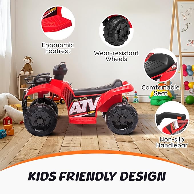 ATV for Kids, 6V Battery Powered Toddler 4 Wheeler w/Music, Light, 1.2mph Max Speed, Kids ATV 4 Wheeler for Toddlers Aged 1.5-3 Years Old, Red