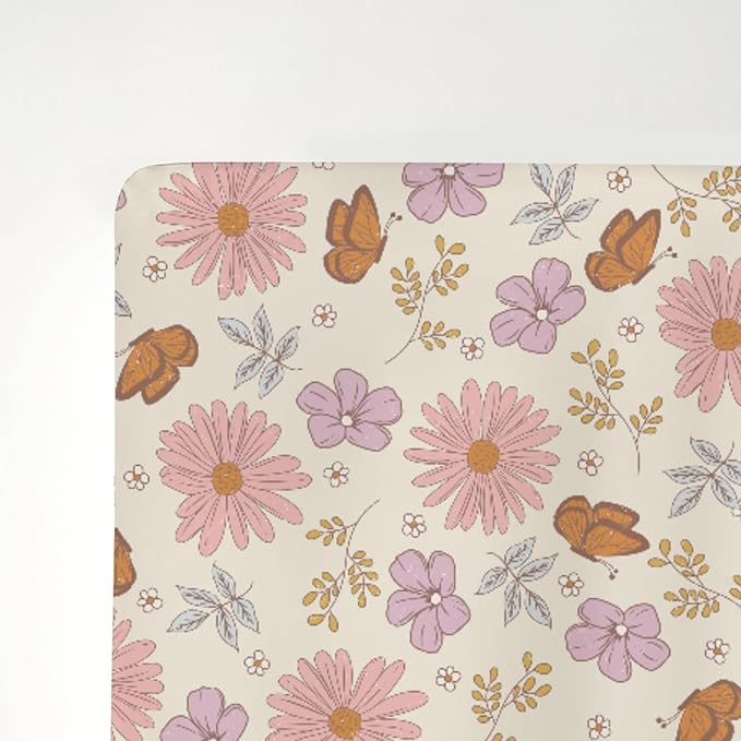 Vintage Wildflowers Butterflies Baby Crib Sheets for Boy Girl 52x28Inch Retro Blossoms Leaves Soft Snug Fitted Crib Mattress Cover Spring Summer Floral Baby Sheet for Standard Crib & Toddler Mattress