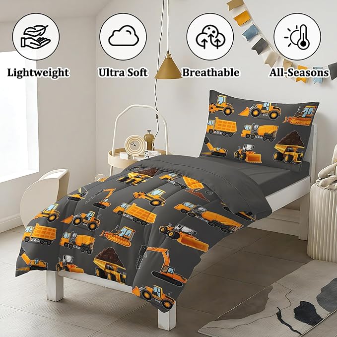 Toddler Bedding Set for Boys - 4-Piece Truck Bedding Comforter Set for Kids, Soft Comfort Construction Vehicle Bedding Includes Flat Sheet, Fitted Sheet, Comforter, Pillowcase