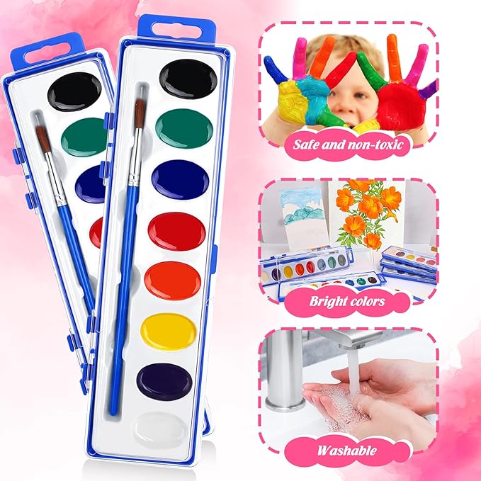 FUMILE 30 Pack Watercolor Paint Set, 8 Colors Washable Valentines Water Color Paint Set for Kids with Paintbrush, Watercolor Paint for Prizes Exchange Gifts, Valentine's Day Gifts, Party Favor, Classroom