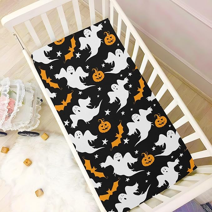 Pumpkin Ghost Halloween Crib Sheets Soft Breathable Fitted Baby Playard Sheets Mattress Cover for Girl Boys, 39" x 27" x 5"