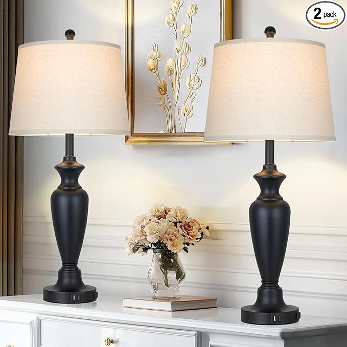 luxeflow 30" Tall Black Table Lamps Set of 2 for Living Room, Touch Control Bedside Lamps for Nightstand, 3-Way Dimmable Bedroom Table Lamp with USB A+C Ports and AC Outlet (2 LED Bulbs Included)