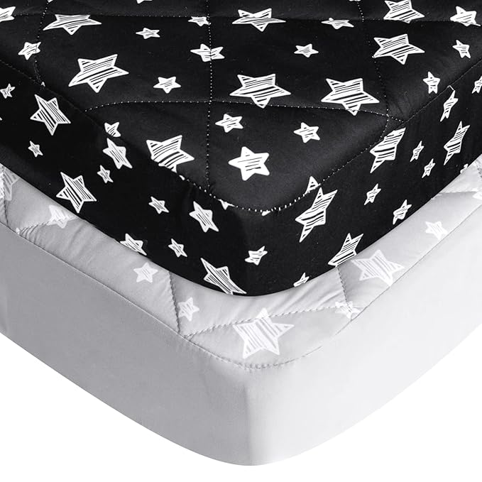 Pack and Play Sheets Fitted 2 Pack, Compatible with Graco Pack n Play, Soft and Breathable Playpen Sheets 39"×27"×5", Gray Star&Black Star