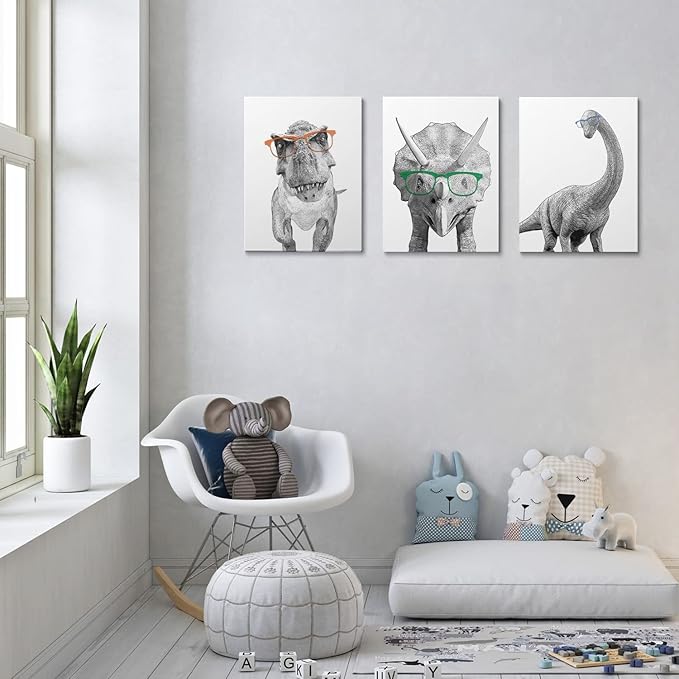 GUBIYU Black and White Animals Canvas Wall Art Print Set of 3 - Dinosaur Bathroom Decor Room Posters - Funny Painting for Kids Boy Girl Nursery 12"x16"