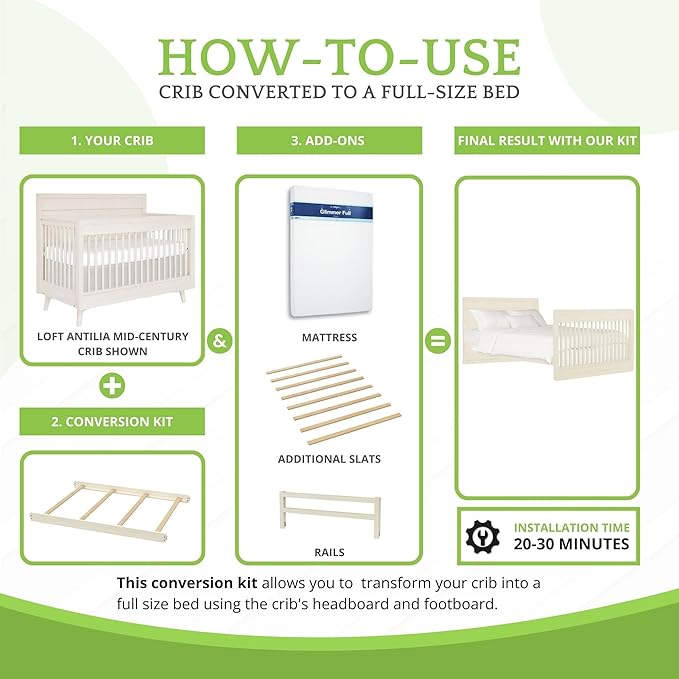 Full-Size Conversion Kit Bed Rails for Evolur Cribs - Solid Wood Crib Convertible Kit to Kids Bed - Transitional Style Rails & Easy-to-Install Child Essentials for Safety (Vanilla Bean)