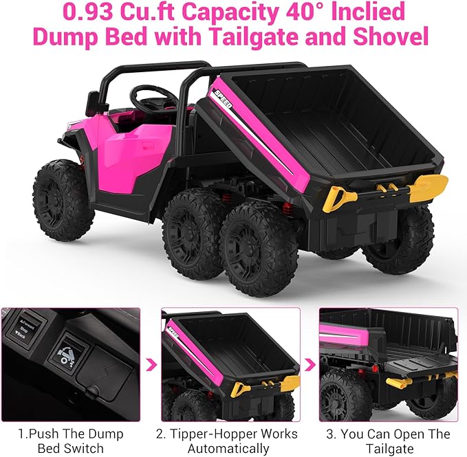 24V 2 Seater Ride on Dump Truck with Remote Control for Big Kids, 4WD 6 Wheels Ride on Car w/Music Player & LED Lights, Ride Toy Gift for Kid