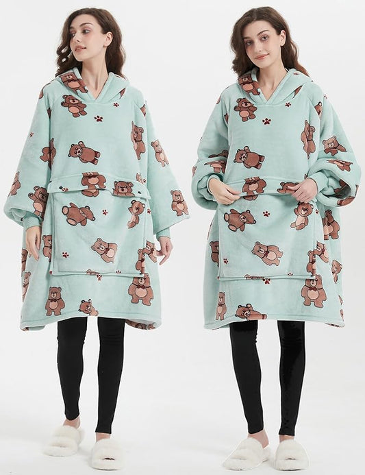 KFUBUO Wearable Blanket Hoodie for Adults Sherpa All Patterns Bear Oversized Sweatshirt Blanket with Pockets Cute Birthday Gifts for Women Green