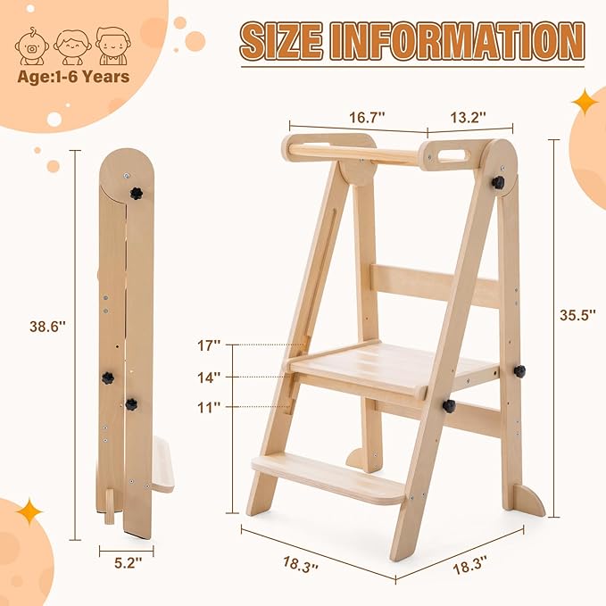 Gewitt Foldable Toddler Tower - Kitchen Step Stool Helper for Kids 1-6 Years, Montessori Toddler Standing Tower with 3 Adjustable Height for Kitchen Counter Bathroom