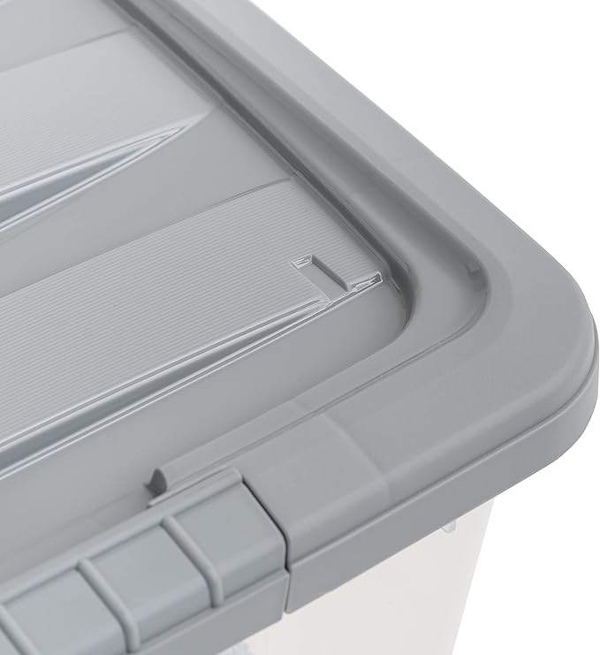 Amazon Basics Plastic Storage Containers with Secure Latching Lids, Stackable Organization Bins, 32 Quart, Set of 6, Clear/Grey