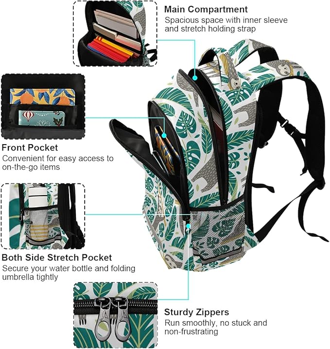 MNSRUU School Backpack with Chest Strap, Cute Sloths And Tropical Palm Leaves Laptop Backpack, Travel Hiking Backpack for Boys Girls, Rucksack, Knapsack