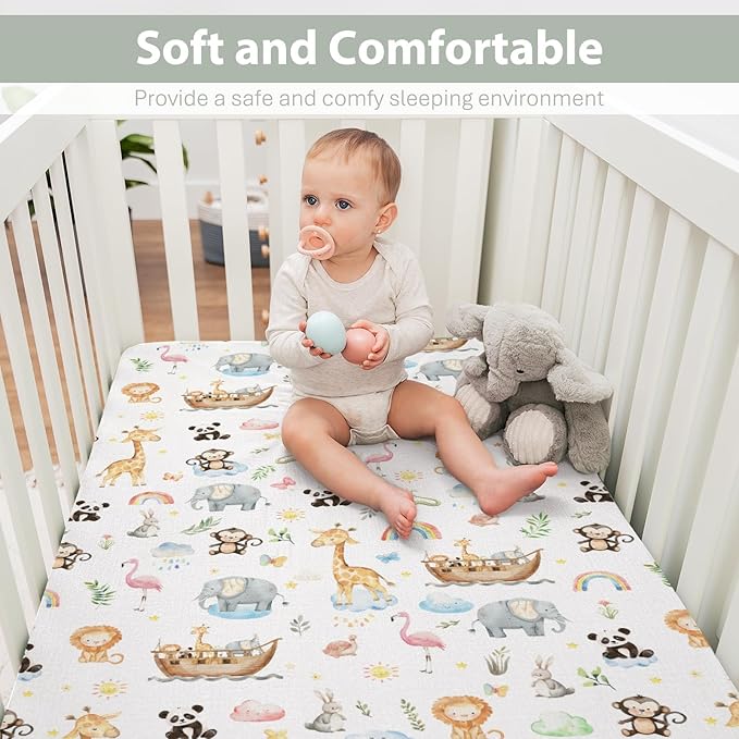 Cute Animals Ship Baby Crib Sheets for Boy Girl 28"x52" Lion Panda Giraffe Flamingo Rainbow Sun Leaves Soft Snug Fitted Crib Mattress Cover Wildlife Baby Sheet for Standard Crib & Toddler Bed Mattress