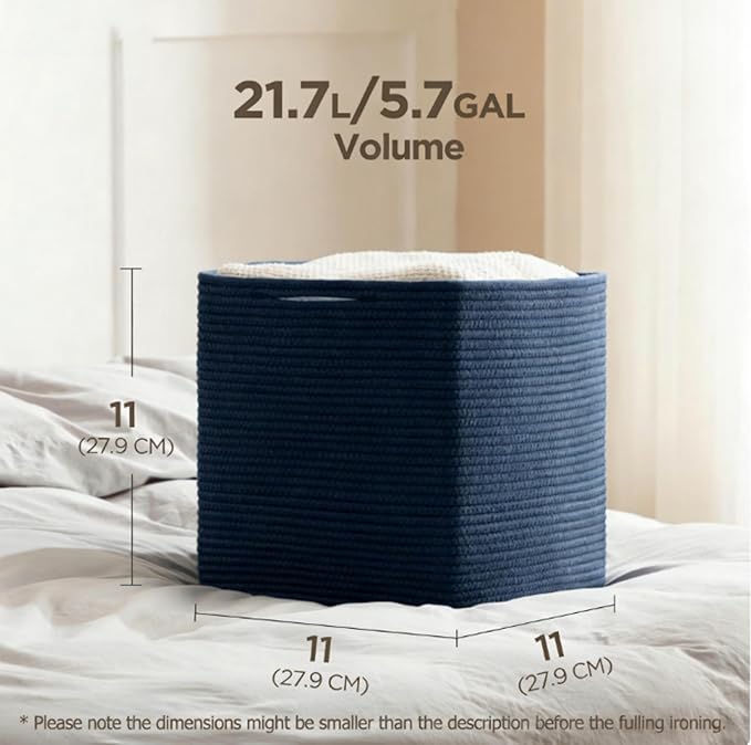 joybest 11inch Cube Storage Bins Set of 4, Cotton Rope Woven Organizer Basket for Shelves, Cube Bin Square Shelves Organizer Closet Storage, Nursery, Toy Organization, Navy Blue