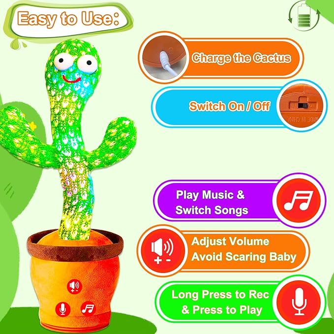Rechargeable Baby Toys Dancing Talking Cactus Toy for Baby, Volume Adjustable, Singing, Mimicking, Repeating, Baby Infant Toys for Girls Boys, Birthday/Chirstmas Gifts for 1 Year Old