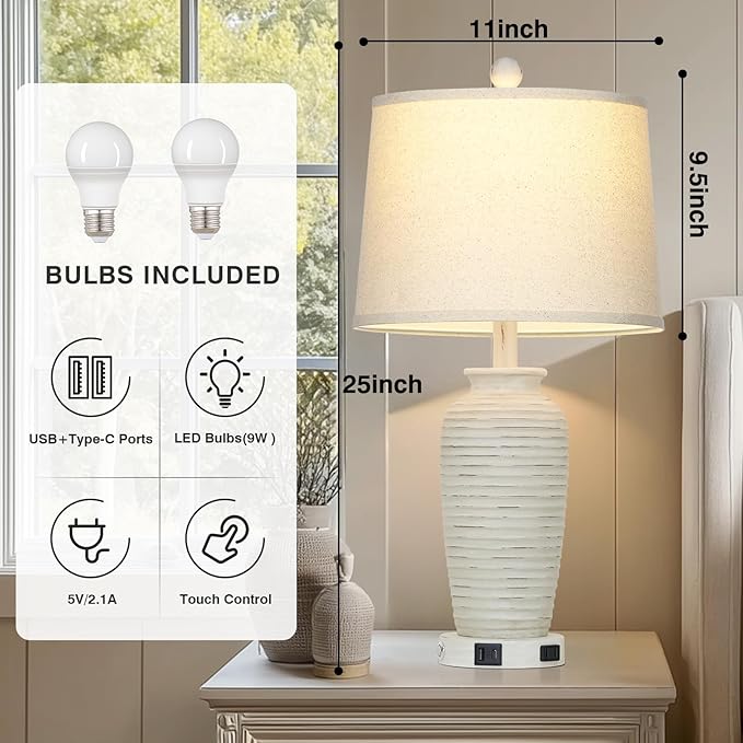 CINSARY 25" Retro White Farmhouse Jar Table Lamps for Living Room, 3 Way Touch Control Rustic Bedside Lamps with USB A+C Ports & AC Outlet, Pot Nightstand Lamps for Bedroom (LED Bulbs Included)