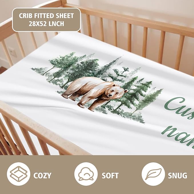Custom Name Crib Bedding Set 3-Piece – Brown Bear Design Baby Bedding Set with Personalized Soft Blanket, Fitted Sheet, Changing Pad Cover – Ideal Newborn Gift for Boys and Girls