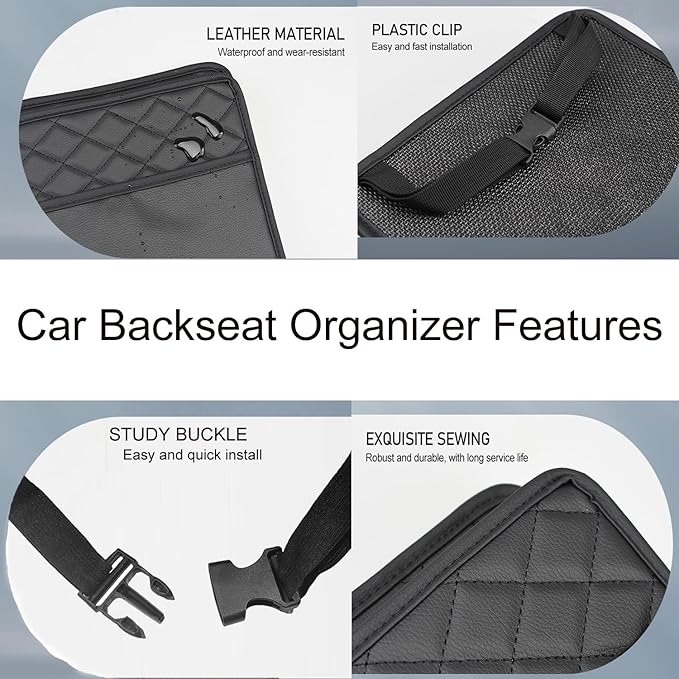 LXUNYI Car Seat Organizer,2 Pack Waterproof Pu Leather Backseat Car Organizer and Storage Bag Foldable Universal Hanging Car Seat Back Organizers for Kids & Adults Car Travel Accessories（Black）