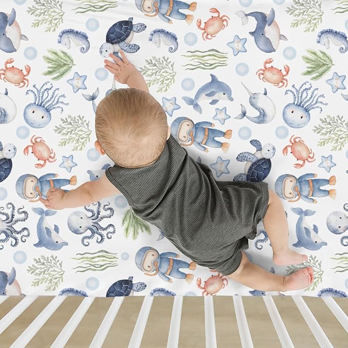 Sea Animal Baby Crib Sheets for Boy Girl 52x28 Diver Turtle Jellyfish Whale Corals Starfish Soft Snug Fitted Crib Mattress Covers Cute Ocean Animals Baby Sheet for Standard Crib & Toddler Bed Mattress