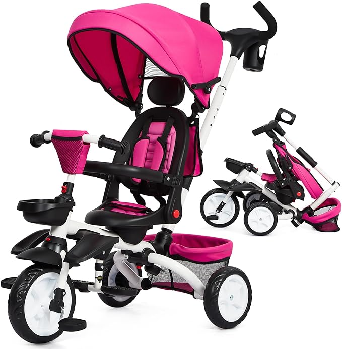 Baby Tricycle, 7 in 1 Folding Toddler Bike w/Removable Adjustable Push Handle, Canopy, Rotatable Seat, Safety Harness, Cup Holder & Storage, Trike for 1-5 Year Old (Pink)