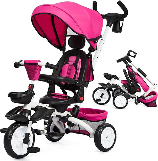 Baby Tricycle, 7 in 1 Folding Toddler Bike w/Removable Adjustable Push Handle, Canopy, Rotatable Seat, Safety Harness, Cup Holder & Storage, Trike for 1-5 Year Old (Pink)