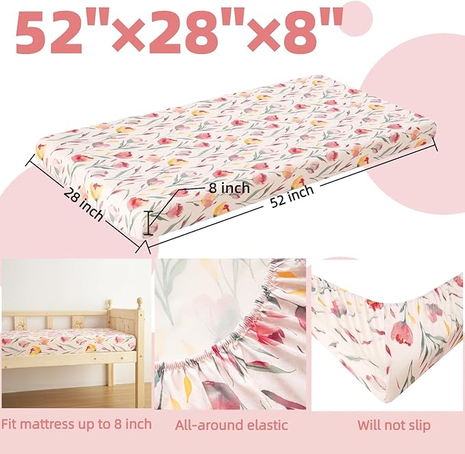 SDIII 2 Pack Pink Floral Crib Sheets for Baby Girl 52×28 Stretchy Microfiber Jersey Knit Pink Crib Sheets for Standard Crib and Toddler Mattress