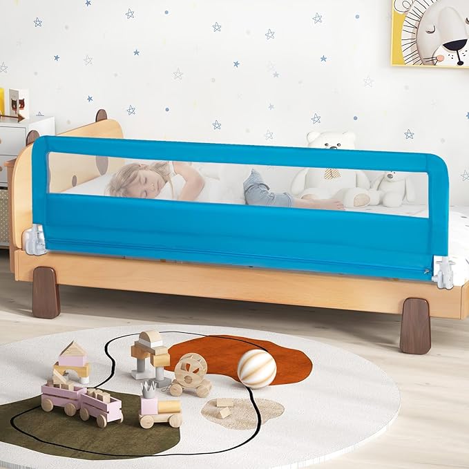 HONEY JOY Bed Rail for Toddlers, 71-in Extra Long, Portable Safety Bed Guardrail w/Double Safety Child Lock, Foldable Baby Bed Rail Guard, Fit King & Queen Full Twin Size Bed Mattress(Blue, Pack 2)