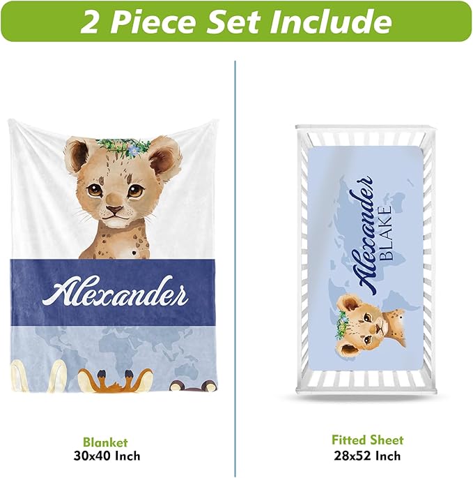 Personalized Crib Bedding Set for Boys Girls, Custom Baby Crib Sets with Name, Blue Leopard Design Nursery Bedding 2 Piece - Soft Blanket with Double Layer Dotted Backing, Crib Fitted Sheet