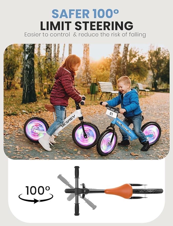 besrey Toddler Balance Bike 2 Year Old: All-Metal Frame & 12" Self-Lighting Wheels, Custom Plate w/Bonus 4 Sets of Stickers, Kids Bike with Adjustable Seat, Bike Gift for 2 3 4 5 Year Old Boys Girls