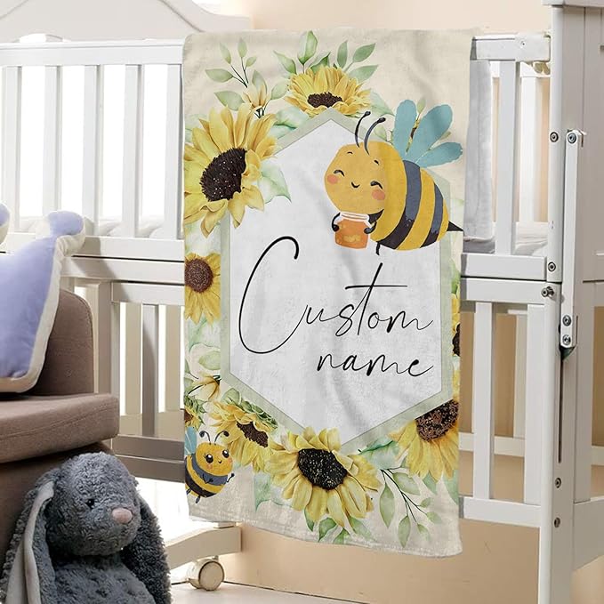 Personalized Baby Crib Bedding Set: 4 Piece Custom Gift Crib Bed Set with Name - Yellow Bee Design, Nursery Bedding Set for Baby Girls,Newborn Girls Crib Sets, Crib Bedding Shower Gifts