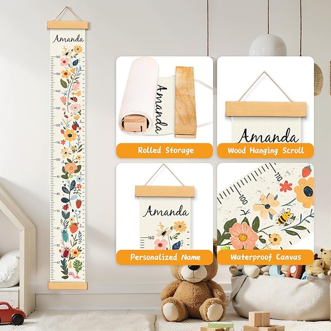 Woodemon Personalized Name Growth Chart for Kids, Flower Canvas Height Chart Ruler Removable Hanging Wall Ruler Measurement Chart for Home Decoration, Waterproof Measuring Board, Foldable