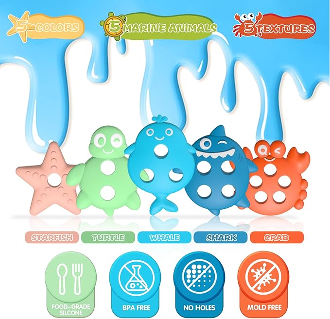 Baby Bath Toys, Premium Silicone Mold Free Ocean Animal Shape Sorting & Stacking Toddlers Bath Toys, No Hole Bathtub Floating Toys Gift for Boys Girls, Early Learning Sensory Water Toys, Bathtime Fun