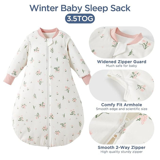 Duomiaomiao 3.5 TOG Baby Sleep Sack Cotton Winter Long Sleeve Baby Wearable Blanket, Super Warm Quilted Comfy Toddler Sleeping Sack