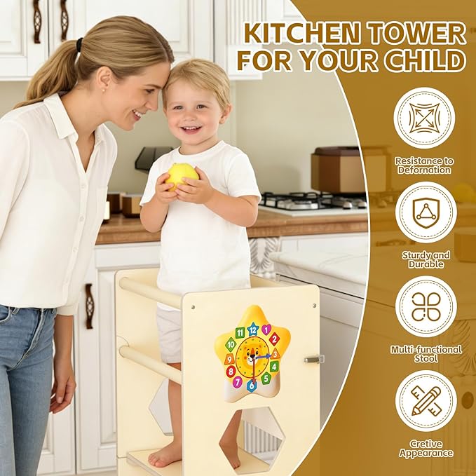 Acenova Toddler Kitchen Step Stool, 4 in 1 Foldable Learning Tower with Blackboard and Star Number Clock, Standing Step Stool Toddler Tower for Bathroom Sink, Kitchen Counter