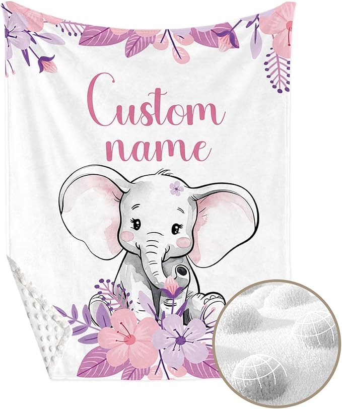 Custom Crib Bedding Set for Infant Babys - 2 Piece Elephant Theme Set with Blanket and Crib Sheet, Personalized Infant Crib Bedding Sets with Name, Newborns Gifts