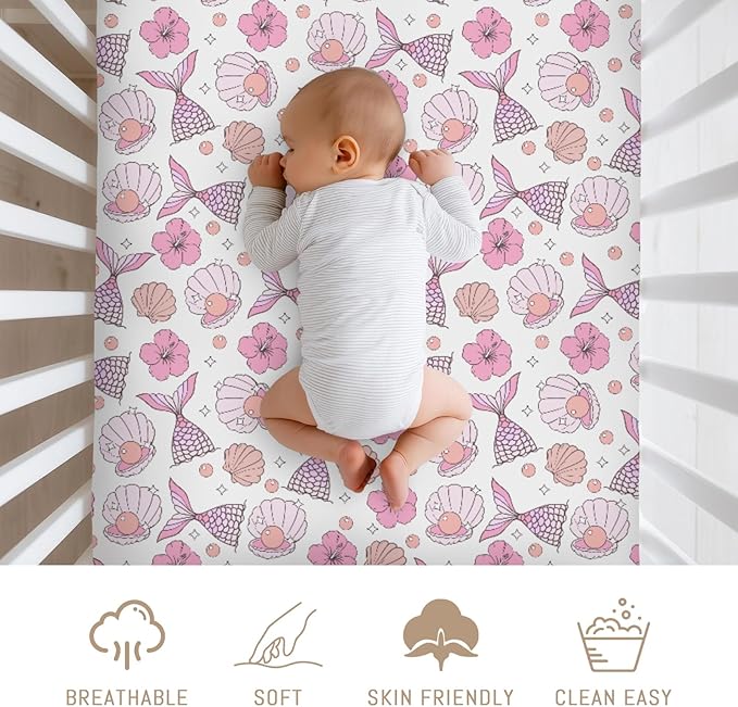 Pink Summer Mermaids Seashells Floral Baby Crib Sheets for Girls Boho Neutral Conch Pearls Soft Snug Fitted Crib Mattress Covers for 52''x28'' Standard Crib & Toddler Mattress Sea Beach Bed Sheets